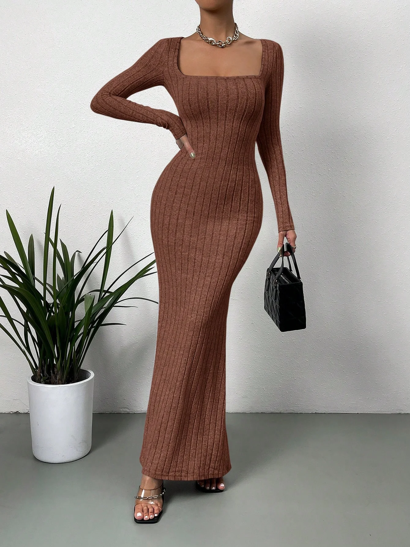 Color: GRAY, Size: XS - Women's Sexy Square Neck Mid-Length Knitted Dress Slim Fit Retro Long-Sleeved Wrap Hip Robe for Fall