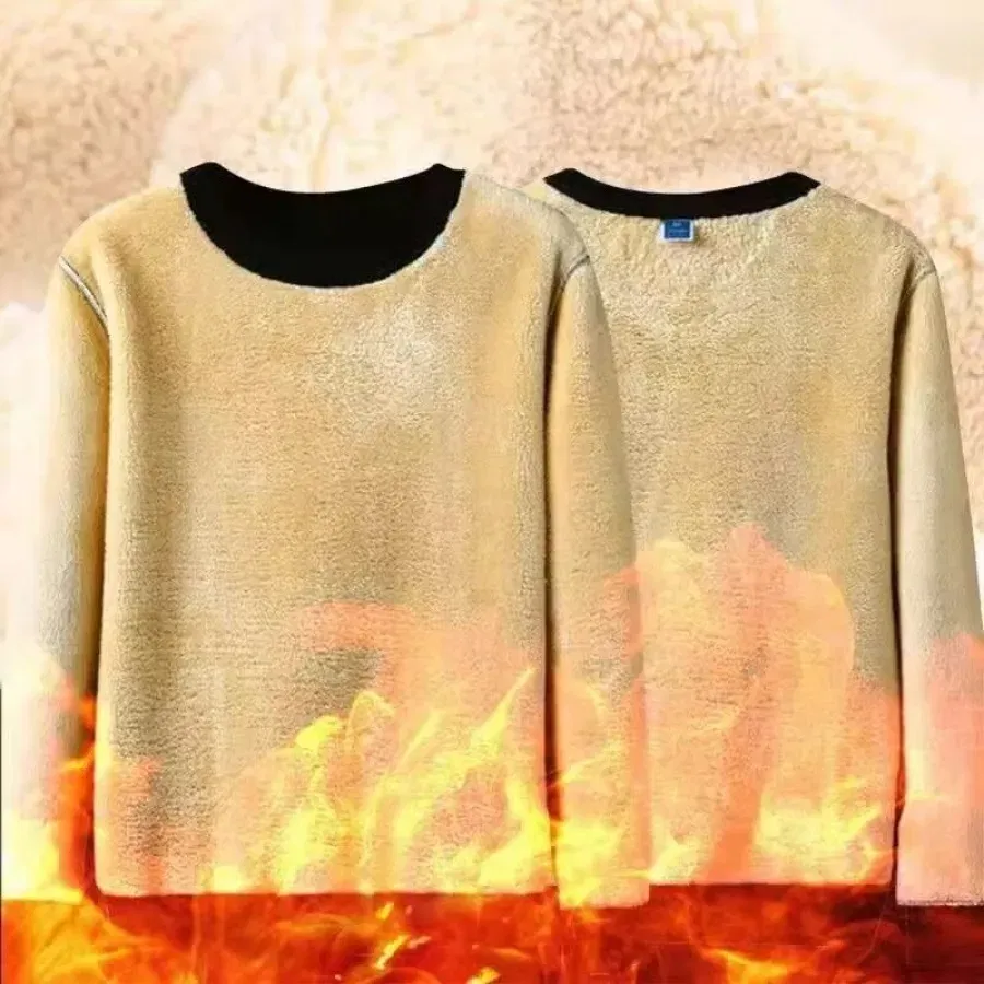 Color: black, Size: L - Winter Men Fleece Sweatshirts Keep Warm Underwear Casual Solid Color Pullover Lambswool O-neck Thickened Thermal Underwear Tops