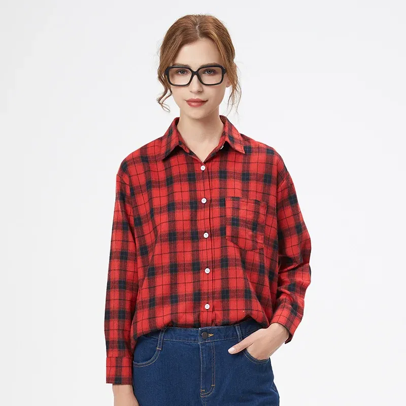 Color: Dark Grey, Size: L - Fresh Flannel Plaid Shirt Women 2024 New Female Blouses and Tops Cotton Loose Long Sleeve Casual Shirts Fine Women's Clothes