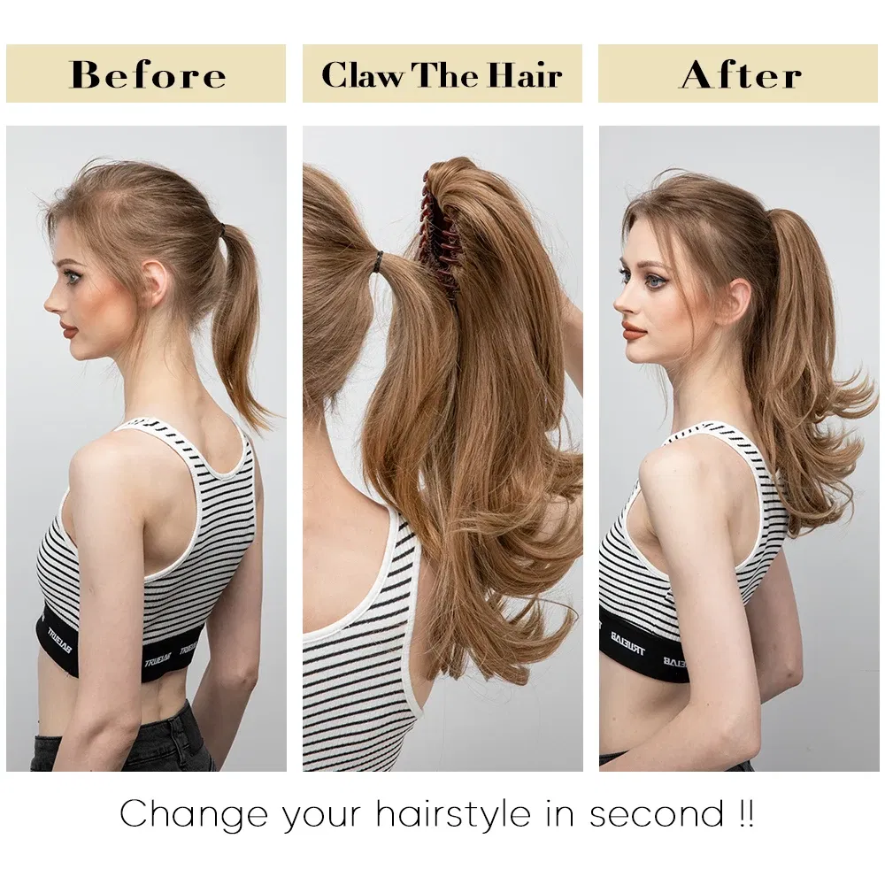 Color: T1B/613, Stretched Length: 14inches - Synthetic Claw Clip In Ponytail Hair Extensions 14 Inch Wavy Hairpiece Fake Blonde Black Hair False Pigtail With Elastic Band
