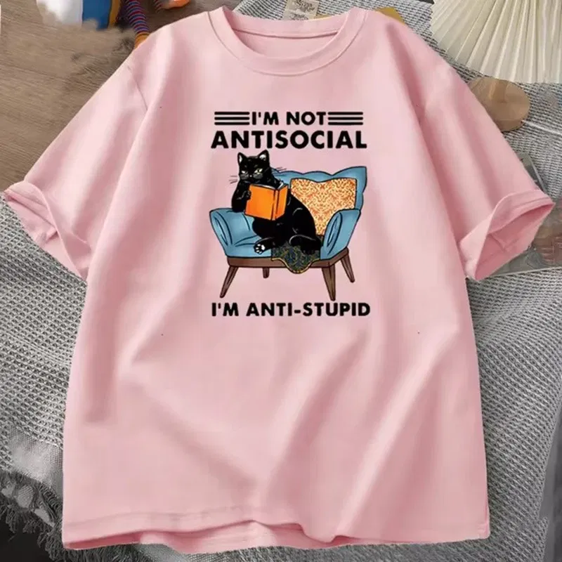 Color: Blue, Size: XS?€old?‰ - funny cat reading book T-Shirts Graphic Tees Cotton Mens Clothing O Neck Meme Short Sleeve Tees Harajuku Fashion Womens Oversize