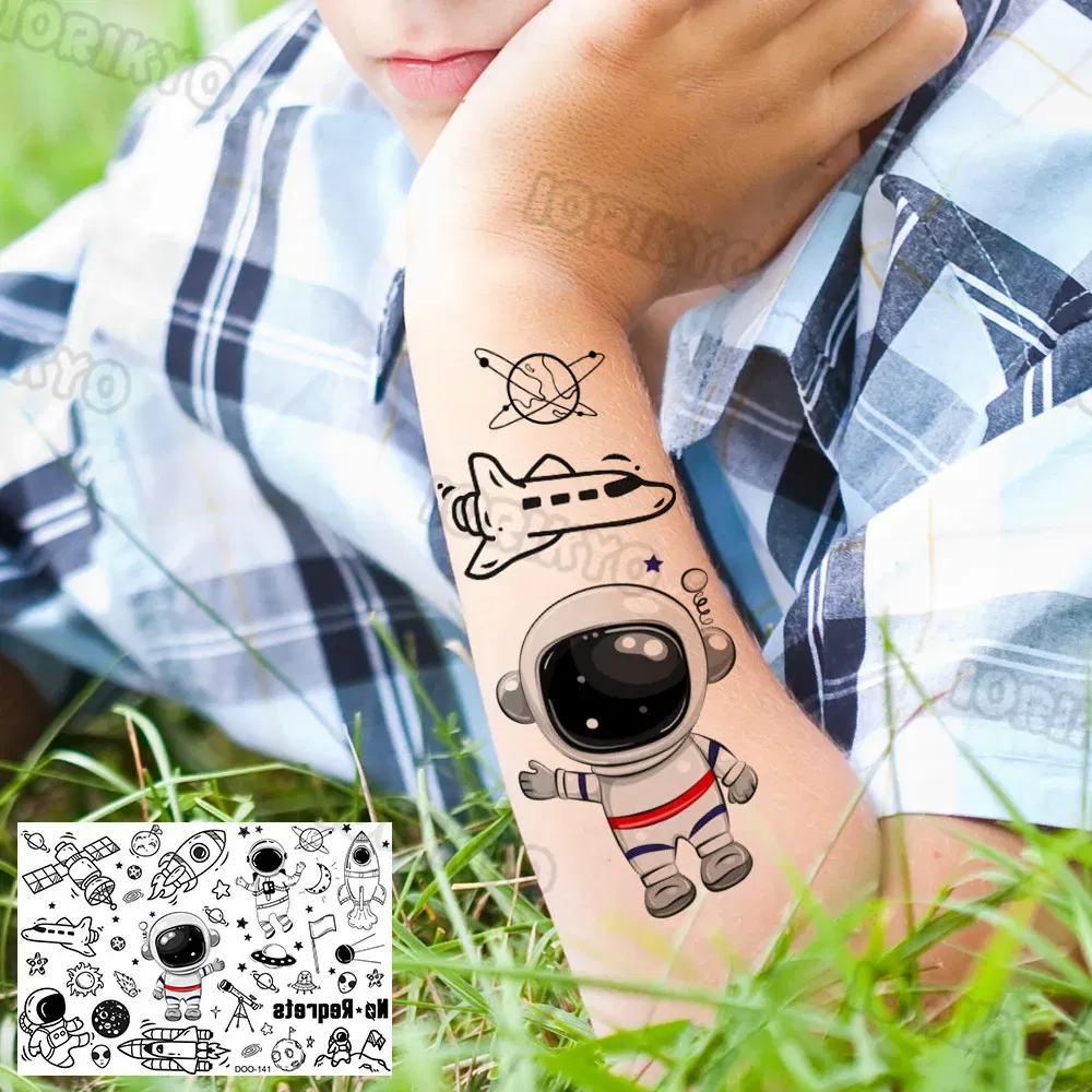 Color: Dark Khaki - Airplane Spaceman Temporary Tattoos For Kids Face Neck Boy Girls Adult Fake Planets Astronaut Tattoo Sticker Black Cartoon Tatoo