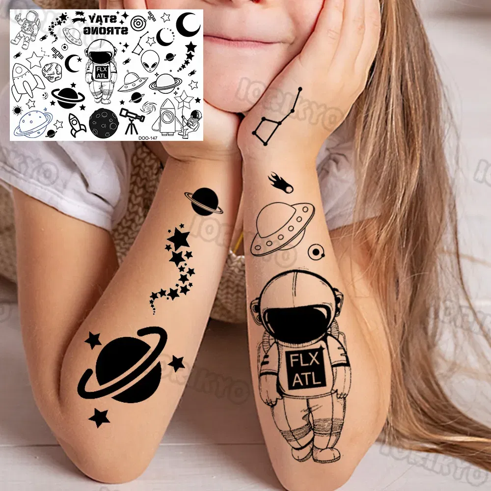 Color: Dark Khaki - Airplane Spaceman Temporary Tattoos For Kids Face Neck Boy Girls Adult Fake Planets Astronaut Tattoo Sticker Black Cartoon Tatoo