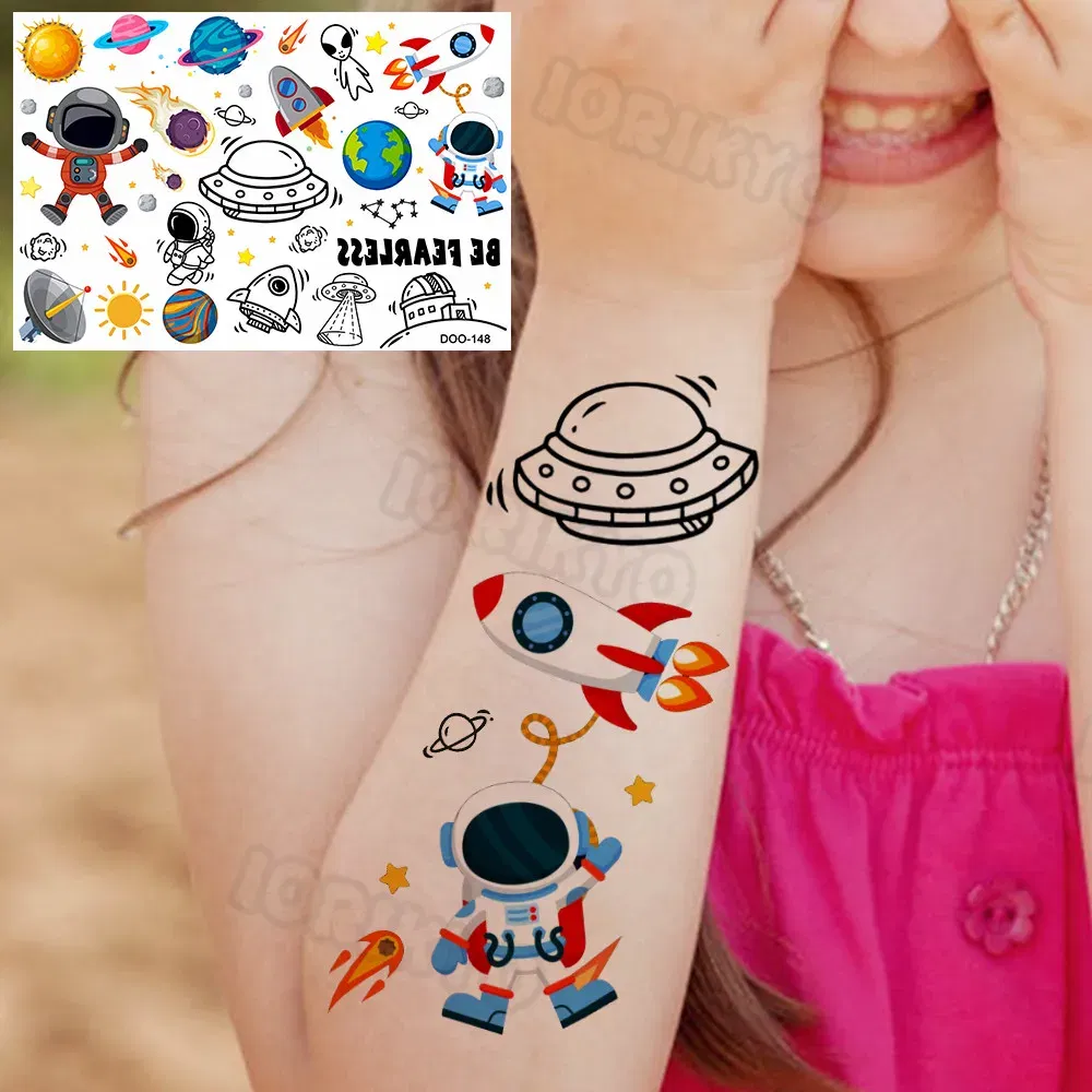 Color: Dark Khaki - Airplane Spaceman Temporary Tattoos For Kids Face Neck Boy Girls Adult Fake Planets Astronaut Tattoo Sticker Black Cartoon Tatoo