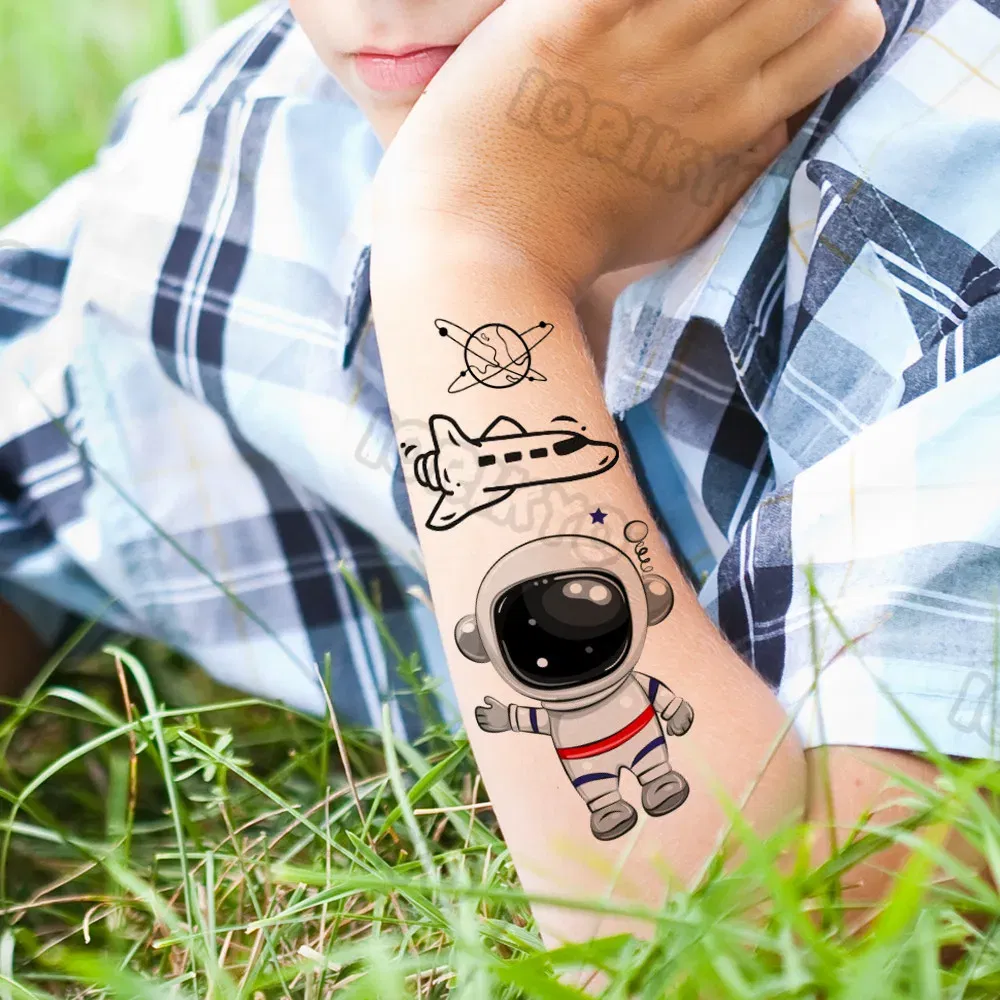 Color: Dark Khaki - Airplane Spaceman Temporary Tattoos For Kids Face Neck Boy Girls Adult Fake Planets Astronaut Tattoo Sticker Black Cartoon Tatoo