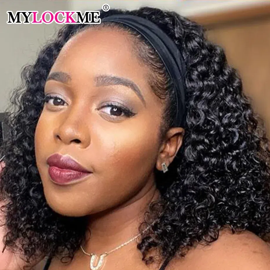 Hair Color: #130, Stretched Length: 16inches - Headband Wig Human Hair Kinky Curly MYLOCKME No Glue Full Machine Made Brazilian Remy Human Hair Wigs For Women 180% Density