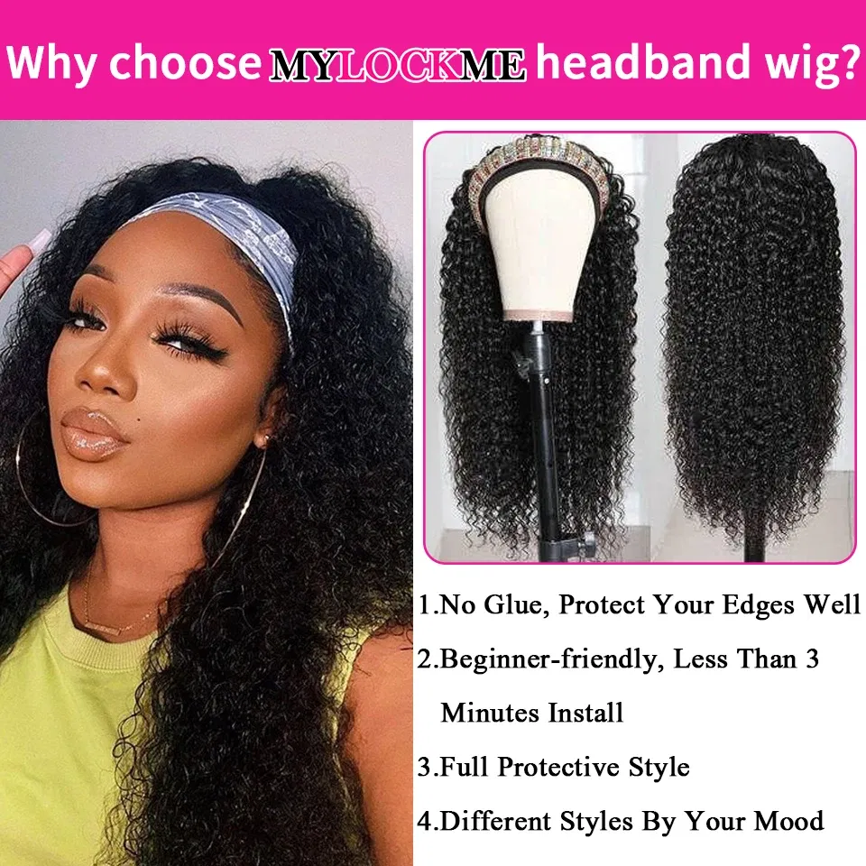 Hair Color: #130, Stretched Length: 16inches - Headband Wig Human Hair Kinky Curly MYLOCKME No Glue Full Machine Made Brazilian Remy Human Hair Wigs For Women 180% Density