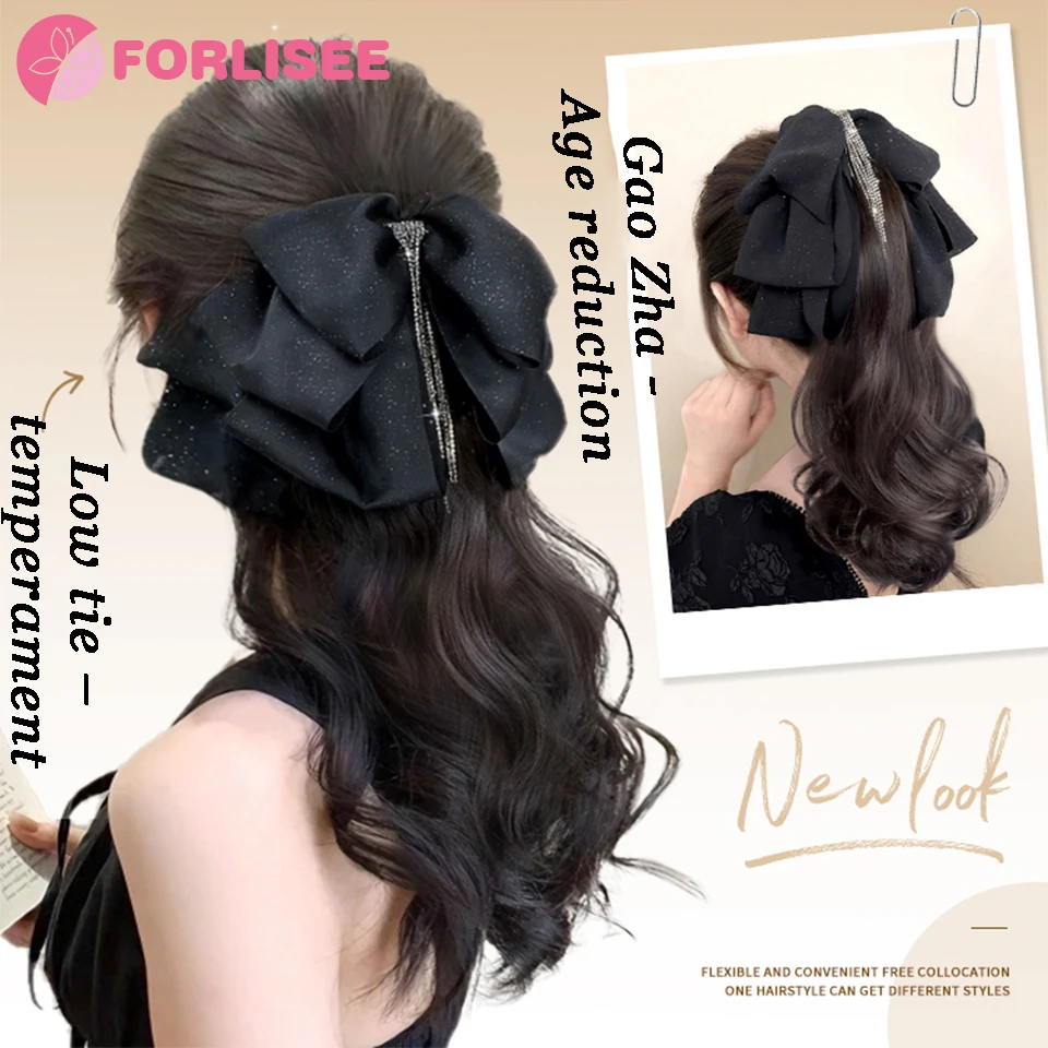 Color: T27/30/4 - Synthetic Tassel Bow Claw Clip Ponytail Temperament Slightly Curly Hair Natural Heat-resistant Chemical Fiber Wig Ponytail