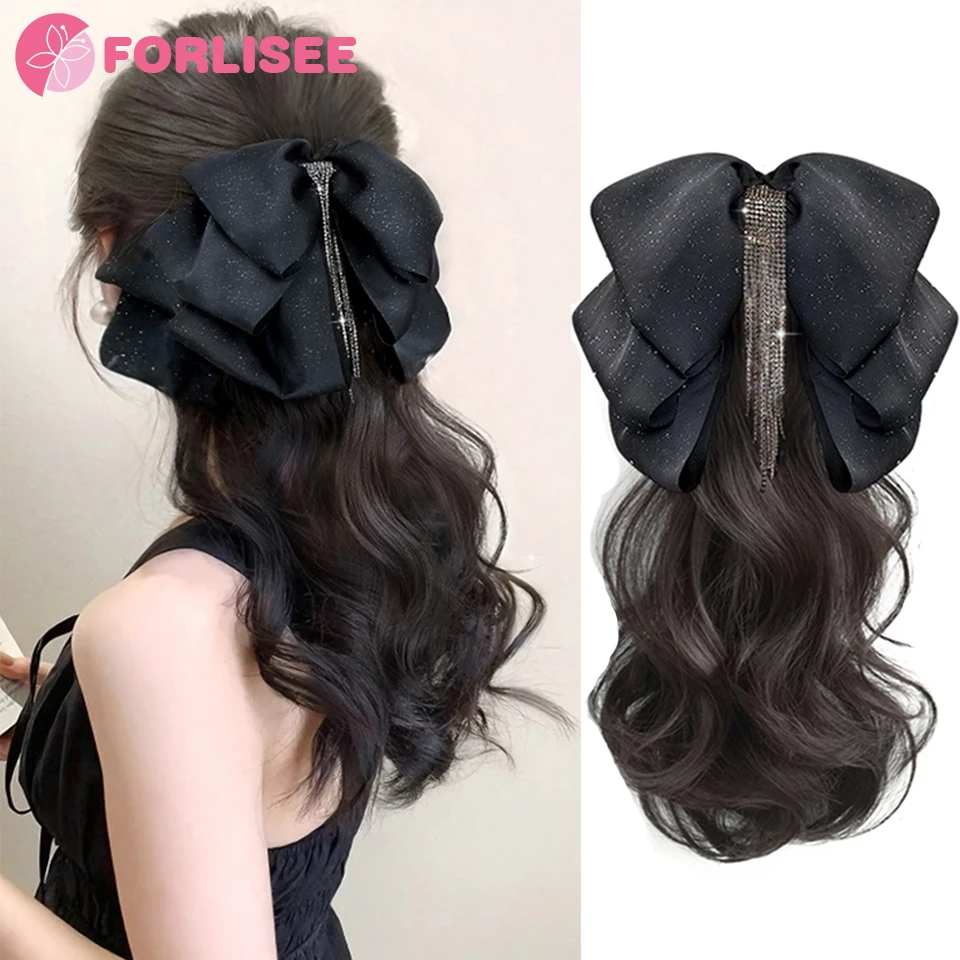 Color: T27/30/4 - Synthetic Tassel Bow Claw Clip Ponytail Temperament Slightly Curly Hair Natural Heat-resistant Chemical Fiber Wig Ponytail