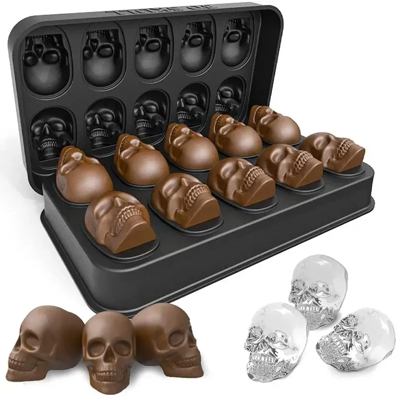 10 Cavity Skull Chocolate Silicone Molds 3D Halloween Skeleton Head Chocolate Candy Cake Decoration Mold Creative Ice Cube Tray