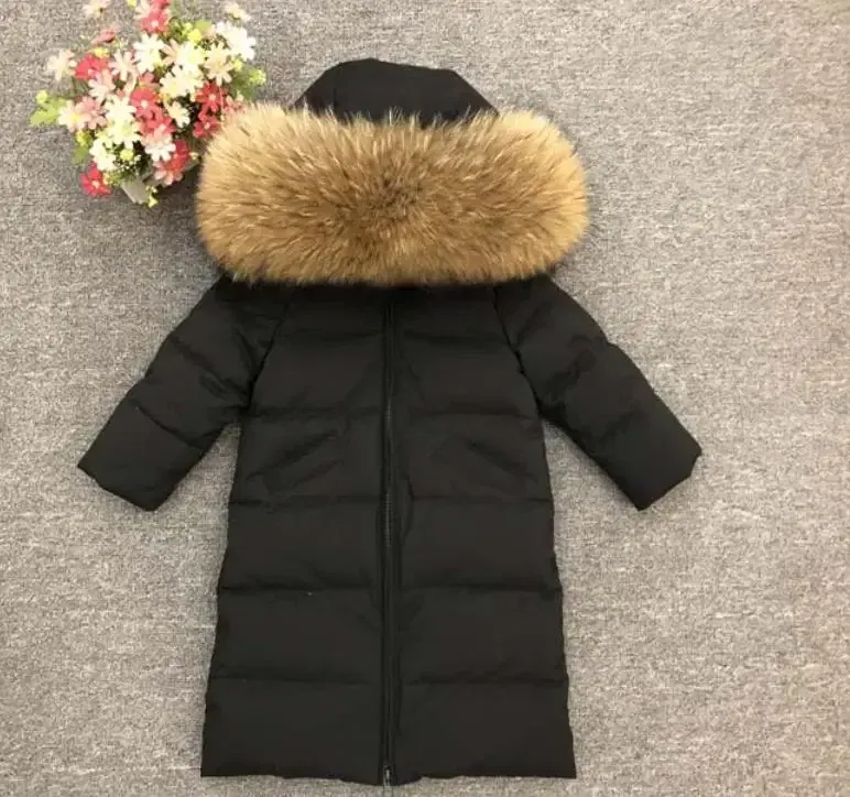 Color: Orange, Kid Size: 2T - Children Girl boy Winter real fur thickened down jackets 90 down Long Coat jacket overcoat baby kids clothing -30 outwear ws1245