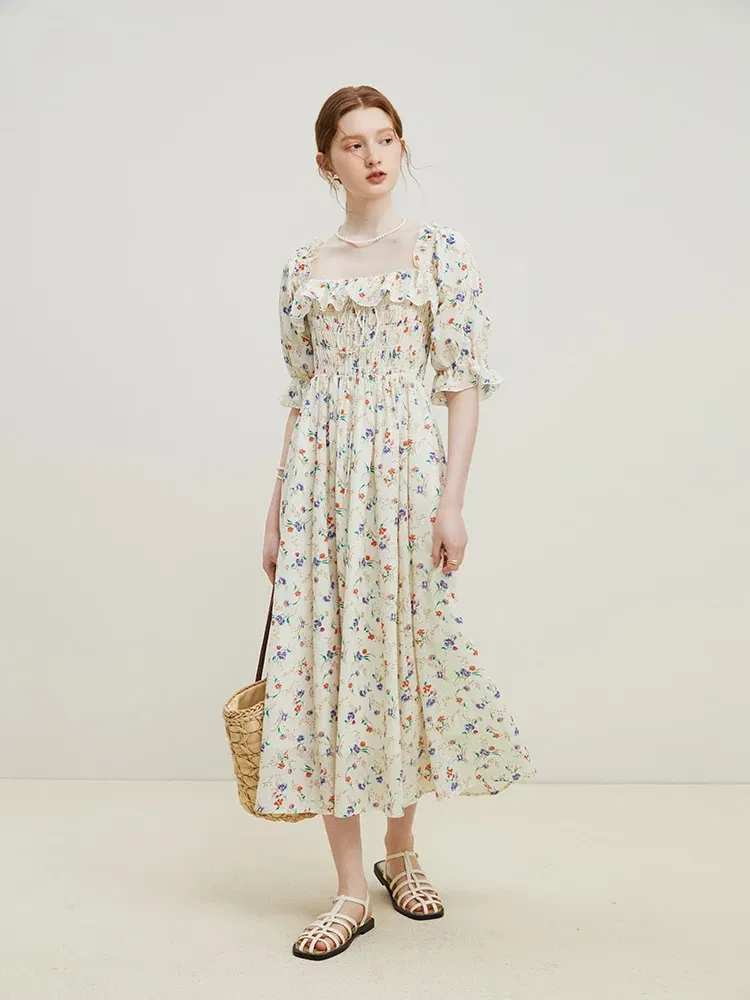 Color: Beige, Size: XS - FSLE Square Neck Women Loose 100% Cotton Long Dresses Puff Sleeve Country Style Floral A-LINE Skirts Summer Female Sweet Dress