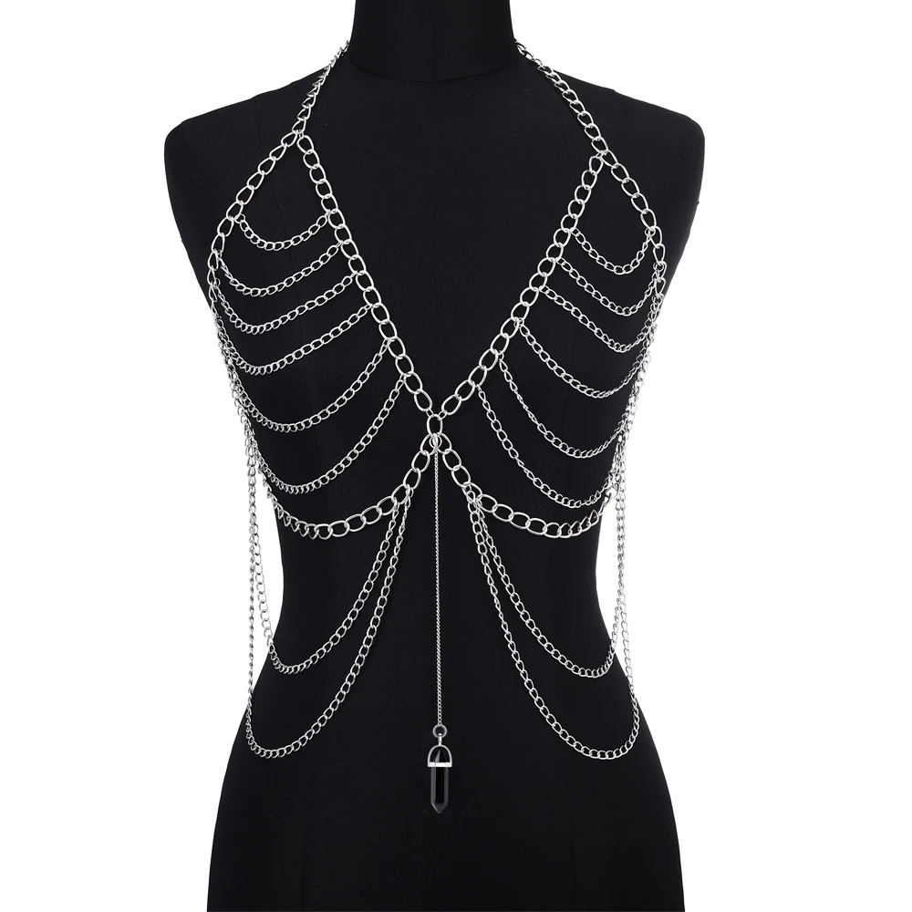 Metal color: Light Yellow Gold Color - Body Chain For Women Quartz Crystal Stone Chain Bra Metal Body Harness Top Sexy Accessories Jewelry