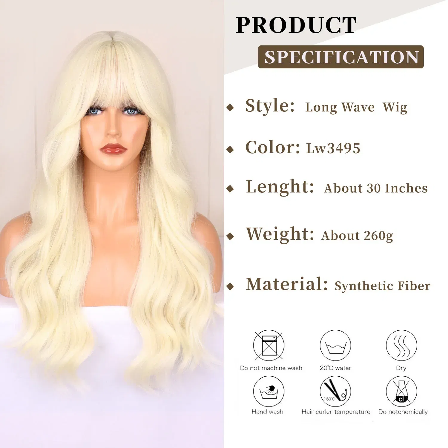 Color: #33 - Blonde synthetic wig with straight bangs Ladies Cosplay wig High temperature silk wig set with big waves and long curly hair