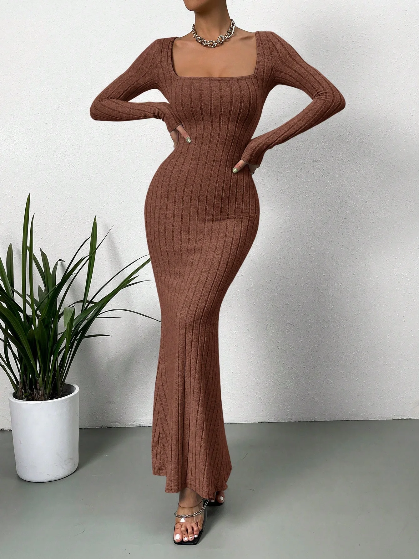 Color: GRAY, Size: XS - Women's Sexy Square Neck Mid-Length Knitted Dress Slim Fit Retro Long-Sleeved Wrap Hip Robe for Fall