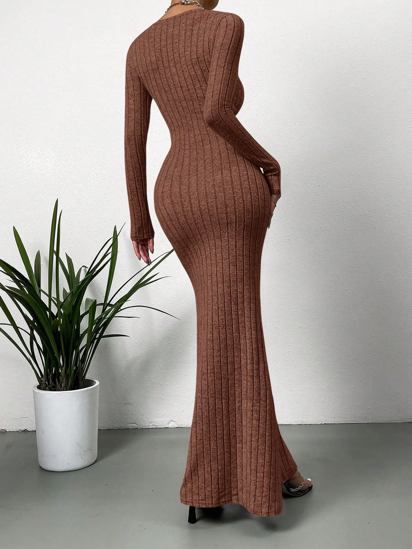 Color: GRAY, Size: XS - Women's Sexy Square Neck Mid-Length Knitted Dress Slim Fit Retro Long-Sleeved Wrap Hip Robe for Fall
