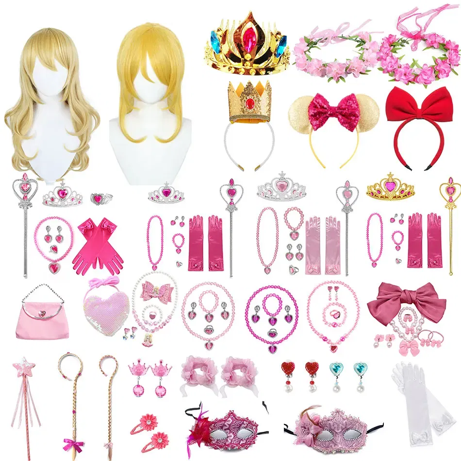 Color: Brown - Baby Girls Accessories Princess Peach Accessory Children Pink Headband Crown Wig Necklace Party Aurora Cosplay Dress Up Outfits