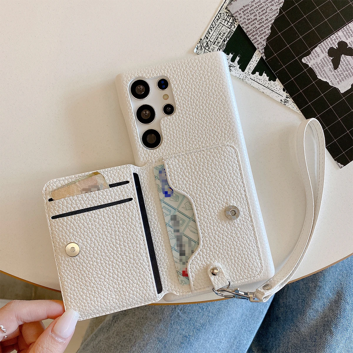 Color: black, Material: aluminum - Luxury Lanyard Wallet Case For Samsung Galaxy S21 FE S22 S23 Plus Note 20 Ultra A52 A53 A54 5G Lichee Pattern Leather Cover