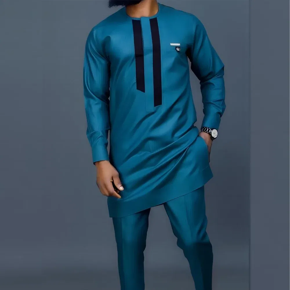 Color: Silver, Size: XXXL - New Men's Tenos Wedding 2-Piece Suit Waist Pants Shirt Solid Color Panel Long Sleeve Party African Ethnic Style Clothing (M-4XL)