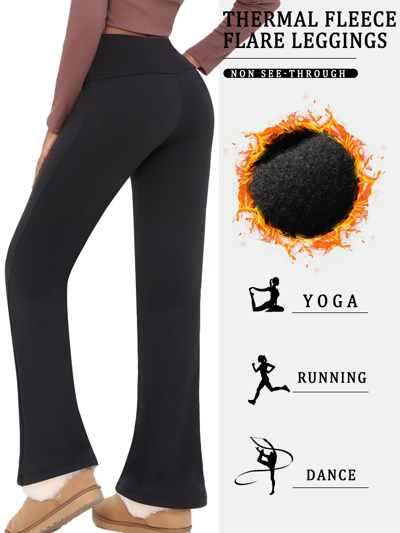 Color: black, Size: L - Women's Super Soft High Waisted Fleece Flare Leggings Tummy Control Soft Bootleg Bootcut Pants