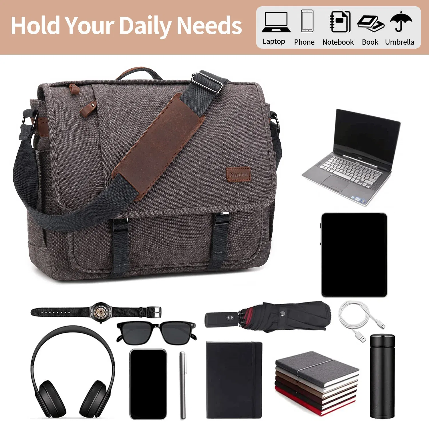 Color: black - Waterproof Canvas Messenger Bag for Men, Messenger Bag ,Shoulder Bag, Casual Computer Bag, Business Bag, Crazy Horse Cowhide
