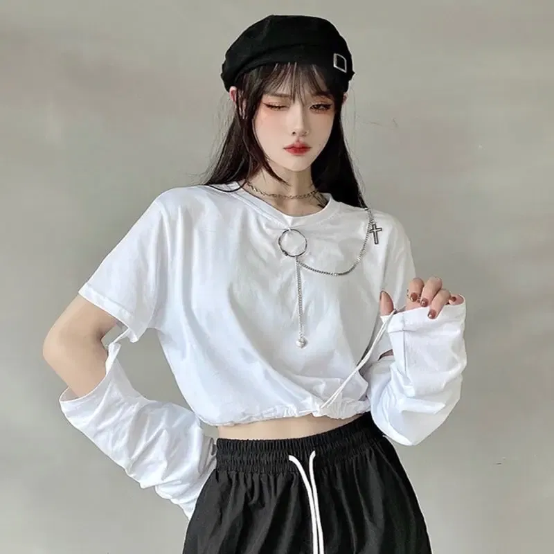 Color: WHITE, Size: XL - Solid T-shirts Women Removable Sleeve Sequined Chain Japanese Style Harajuku Trendy Goth Y2k Female Crop Top Hot Sale Popular