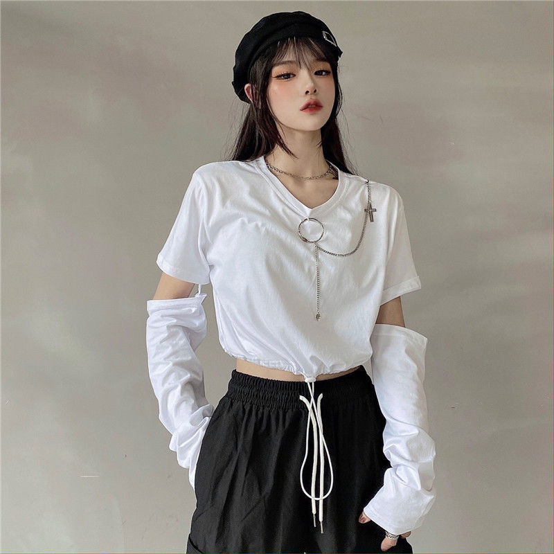 Color: WHITE, Size: XL - Solid T-shirts Women Removable Sleeve Sequined Chain Japanese Style Harajuku Trendy Goth Y2k Female Crop Top Hot Sale Popular