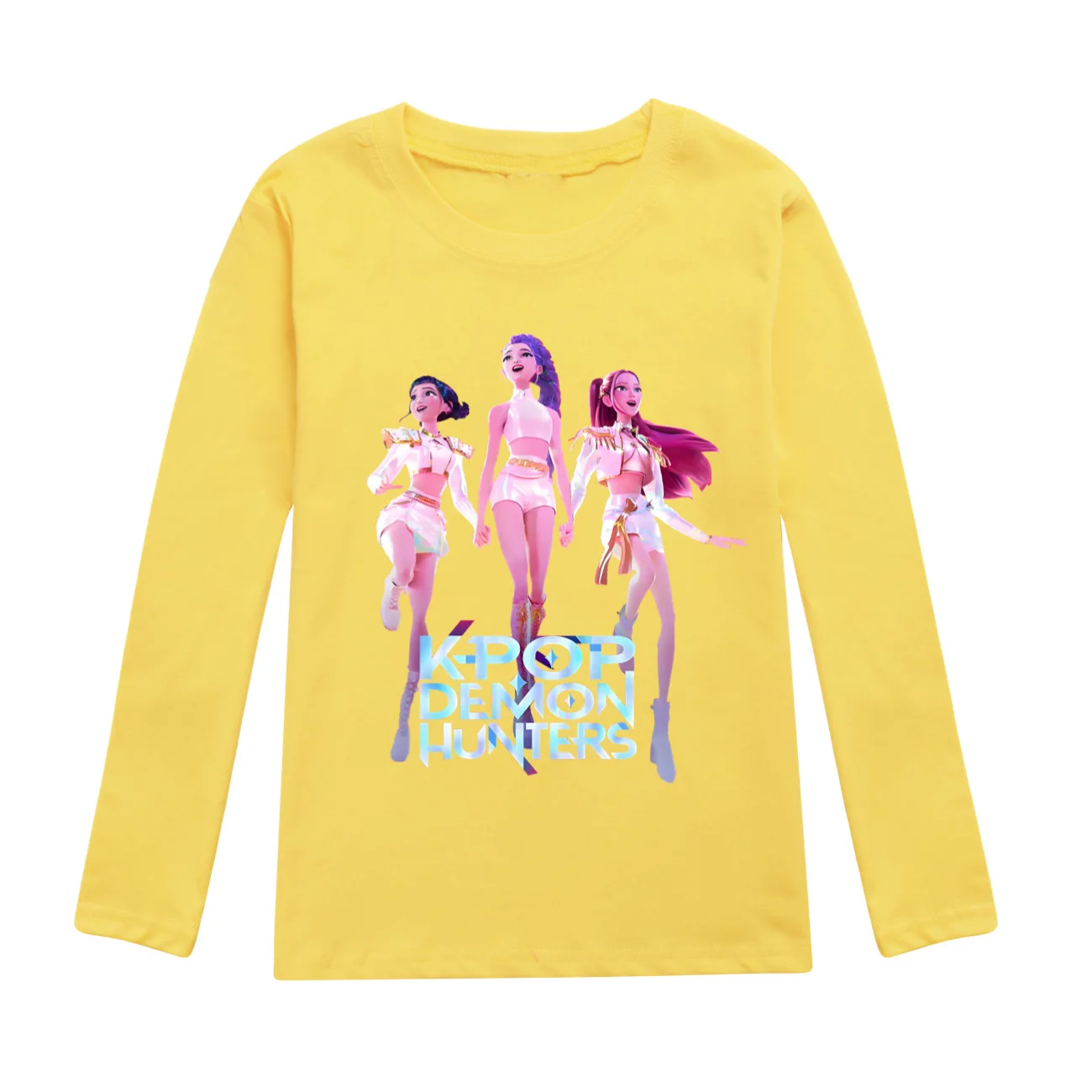 Color: Beige, Kid Size: 4T - KPop Demon Hunters Huntrix Tshirt Kids Clothes Teenage Boys O-Neck Cartoon Casual T-shirts Girls Long Sleeve Tops Child Clothing