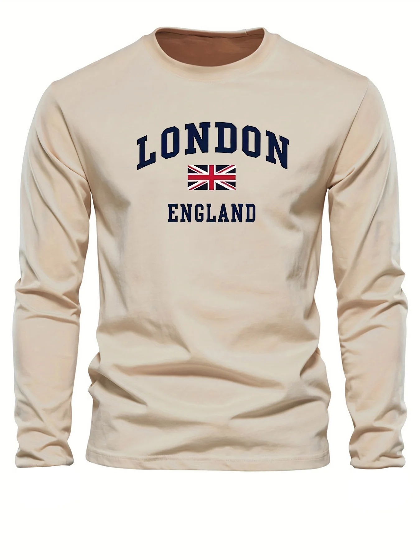 Color: Khaki, Size: XL - Spring and Autumn 100% Cotton Men's London ENGLAND Letter Printed Loose Sport and Leisure Round Neck Long Sleeve T-shirt