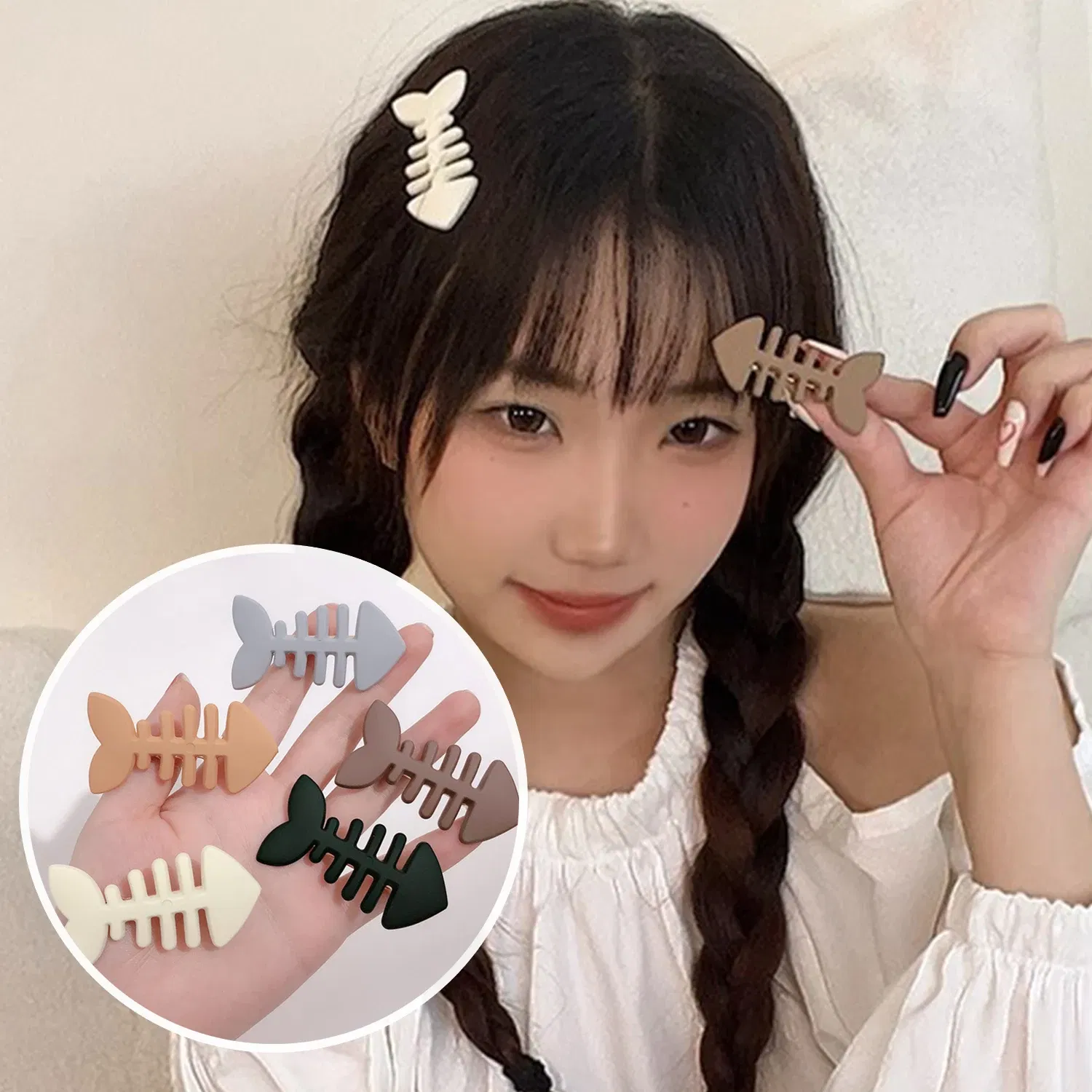 Color: WHITE - Simple Milk Tea Color Fishbone Hairpin Girl Cute Bangs Barrettes Sweet Side Hairgrips Temperament Duckbill Clip Hair Accessories