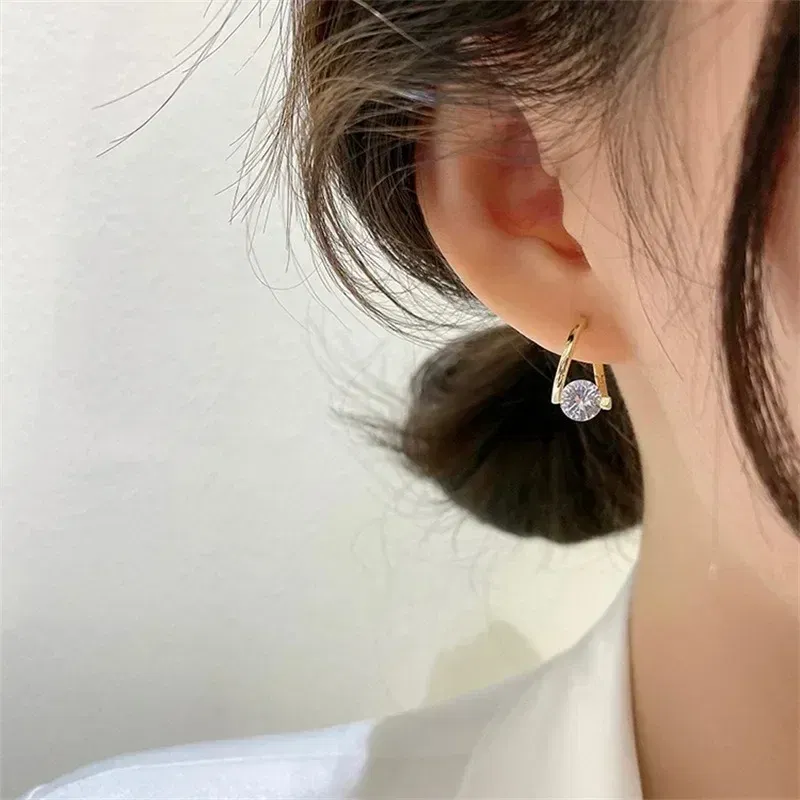 Metal Color: Hot Stamping - 2024 New Fashion Gold Color Round Zircon Simple Drop Dangle Earrings for Women Charm Korean Hoop Jewelry Wedding Birthday Gift