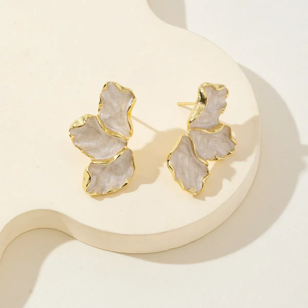Metal Color: Imitation Rhodium Plated - Metal Flower Cream Stud Earrings for Women Fashion Gold Color Plating Irregular Post Earrings Heavy Design Statement Earring