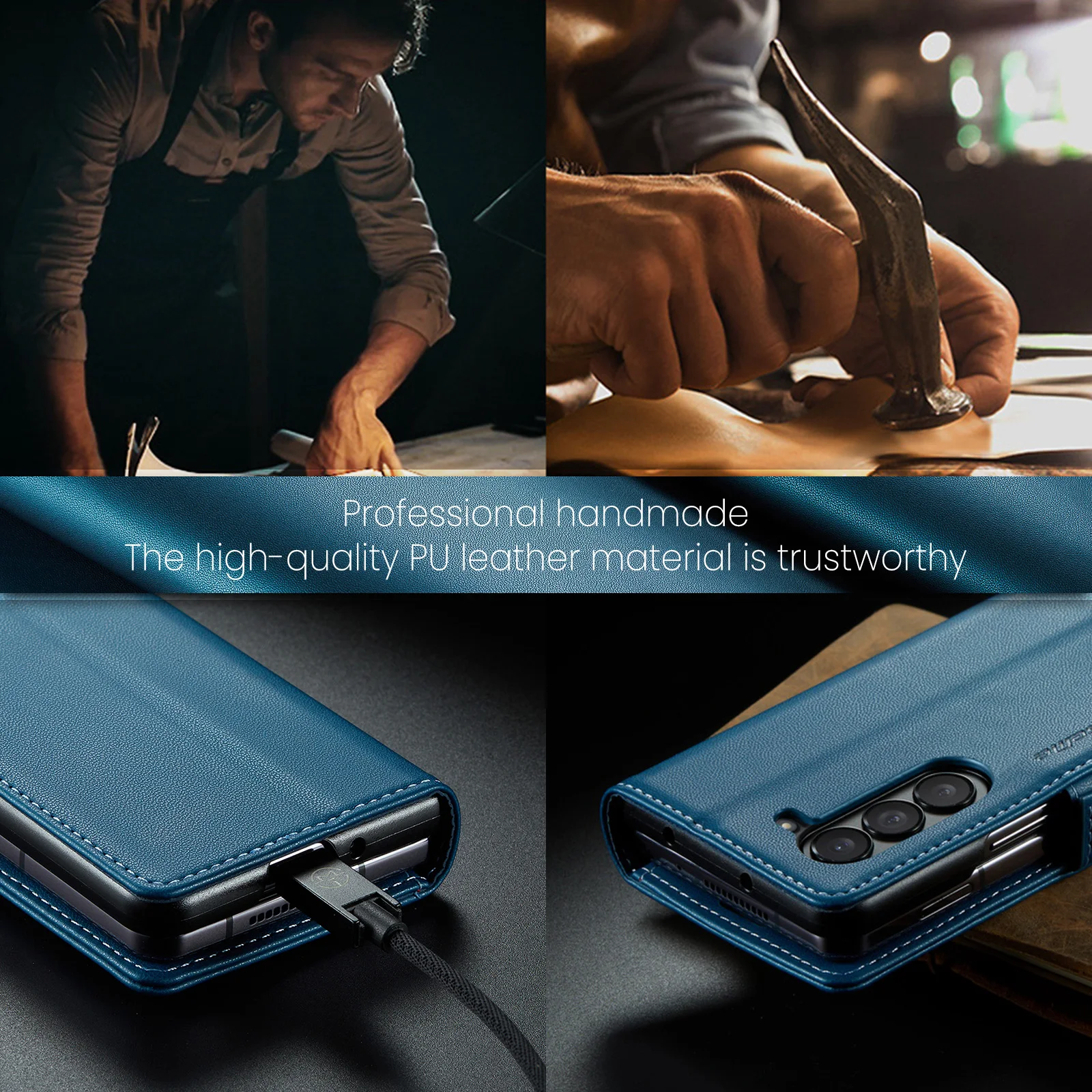 Material: Wood, Color: Brown - Business Style Folio Flip Leather Case for Samsung Z Fold 7 6 5 5G Fold7 Fold6 Magnetic Kickstand Card Holder Wallet Phone Cover