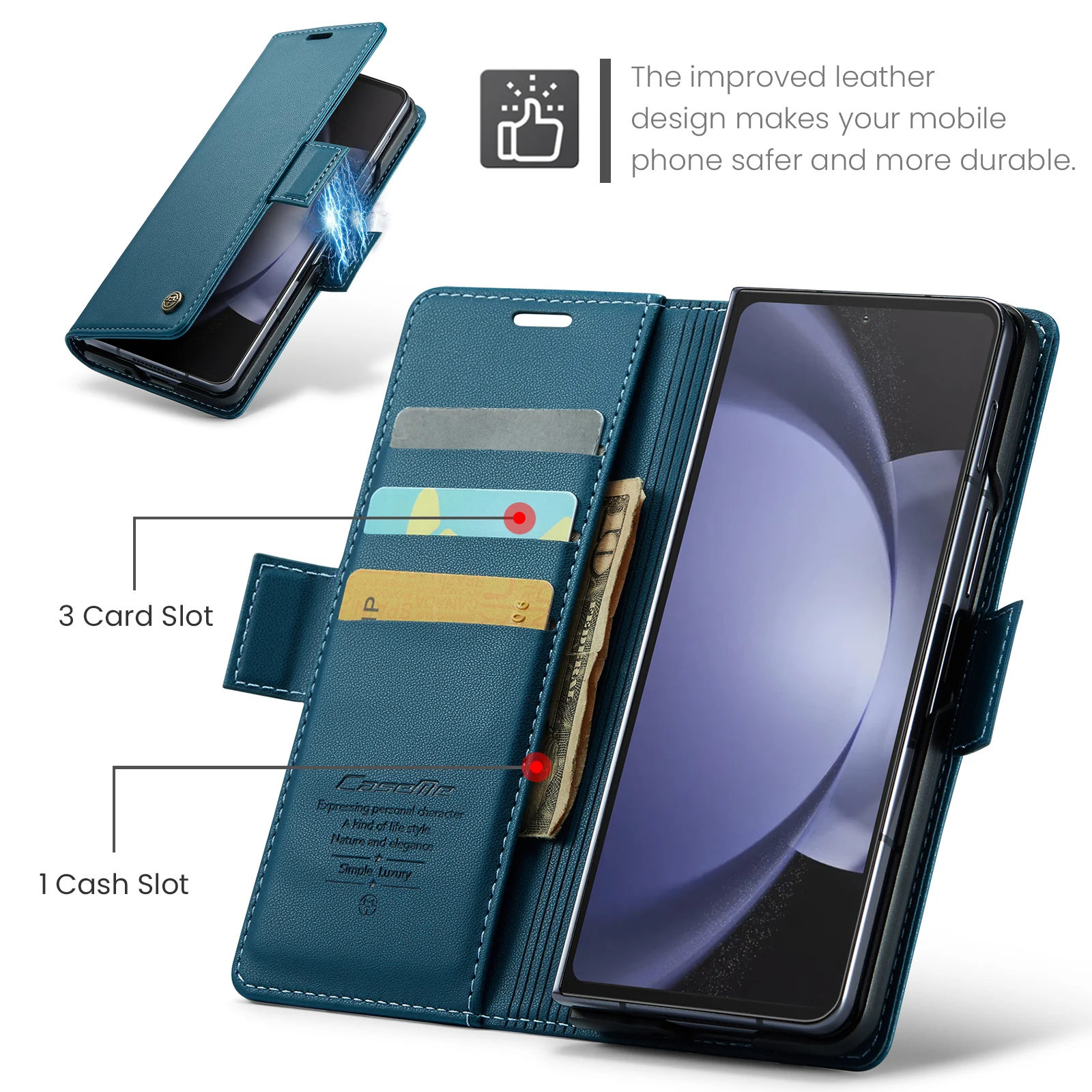 Material: Wood, Color: Brown - Business Style Folio Flip Leather Case for Samsung Z Fold 7 6 5 5G Fold7 Fold6 Magnetic Kickstand Card Holder Wallet Phone Cover