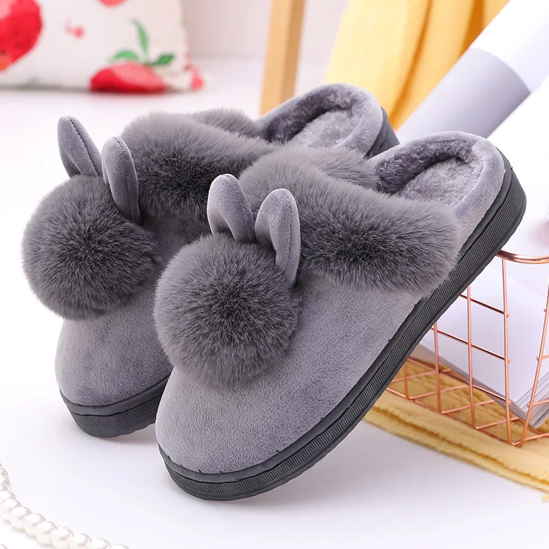Color: GRAY, Shoe Size: 33 - 2023 Autumn Winter Women Men Cotton Slippers Rabbit Ear Home Indoor Home Slides Warm Shoes Women'S Cute Plus Plush Slippers