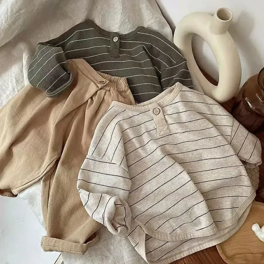 Color: green, Kid Size: 5 - Korean Children's Striped T-shirt 2024 Spring Boys and Girls' Long Sleeve T-shirt Bottom Shirt Baby Loose Top