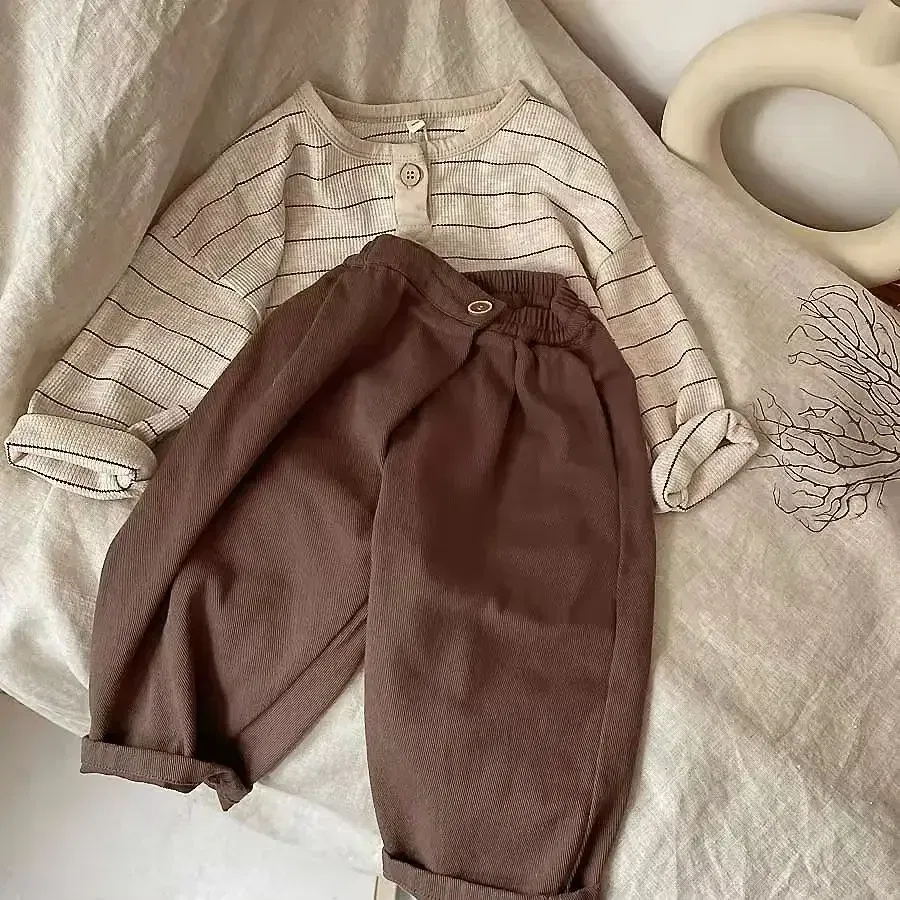 Color: green, Kid Size: 5 - Korean Children's Striped T-shirt 2024 Spring Boys and Girls' Long Sleeve T-shirt Bottom Shirt Baby Loose Top