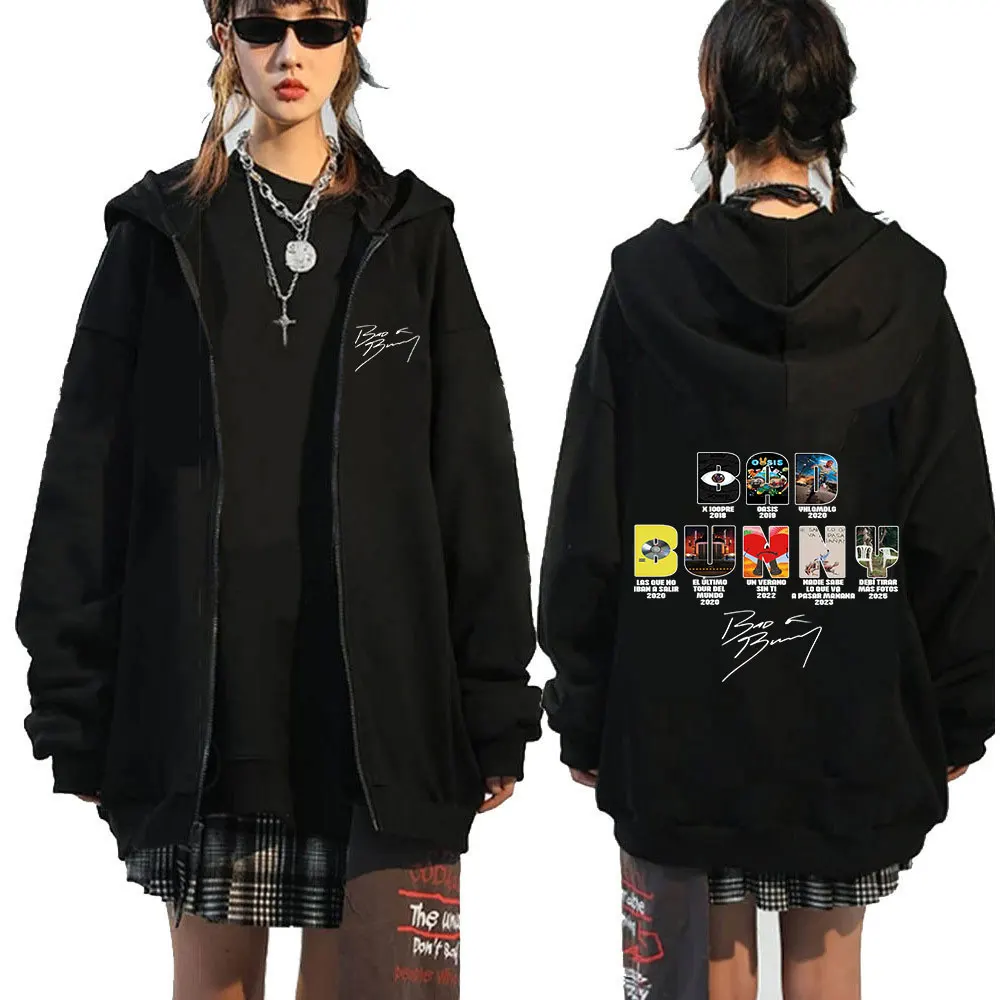 Color: black, Size: S - Rapper Bad Bunny Music Album Cover Print Zipper Hoodies Men Women Clothing Hip Hop Zip Up Sweatshirts Long Sleeve Hoodie Jackets