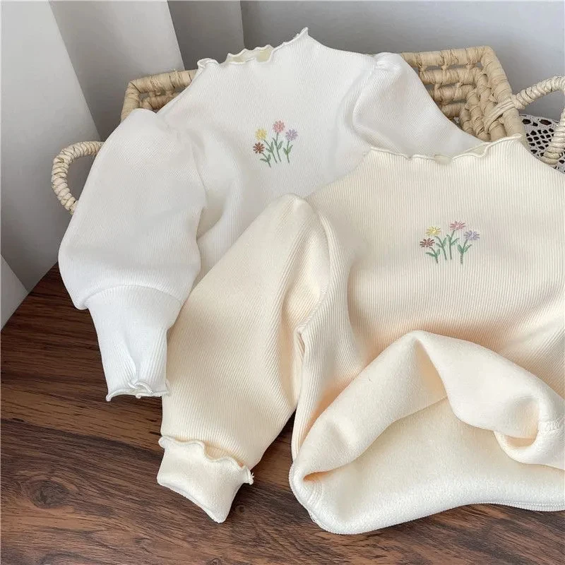 Color: black, Kid Size: 10 - Baby Girls Top Winter Kids Warm Thickening Sweater Children Puff Sleeve Flower Embroidery Bottom Shirt 1-6 Years Casual Clothing