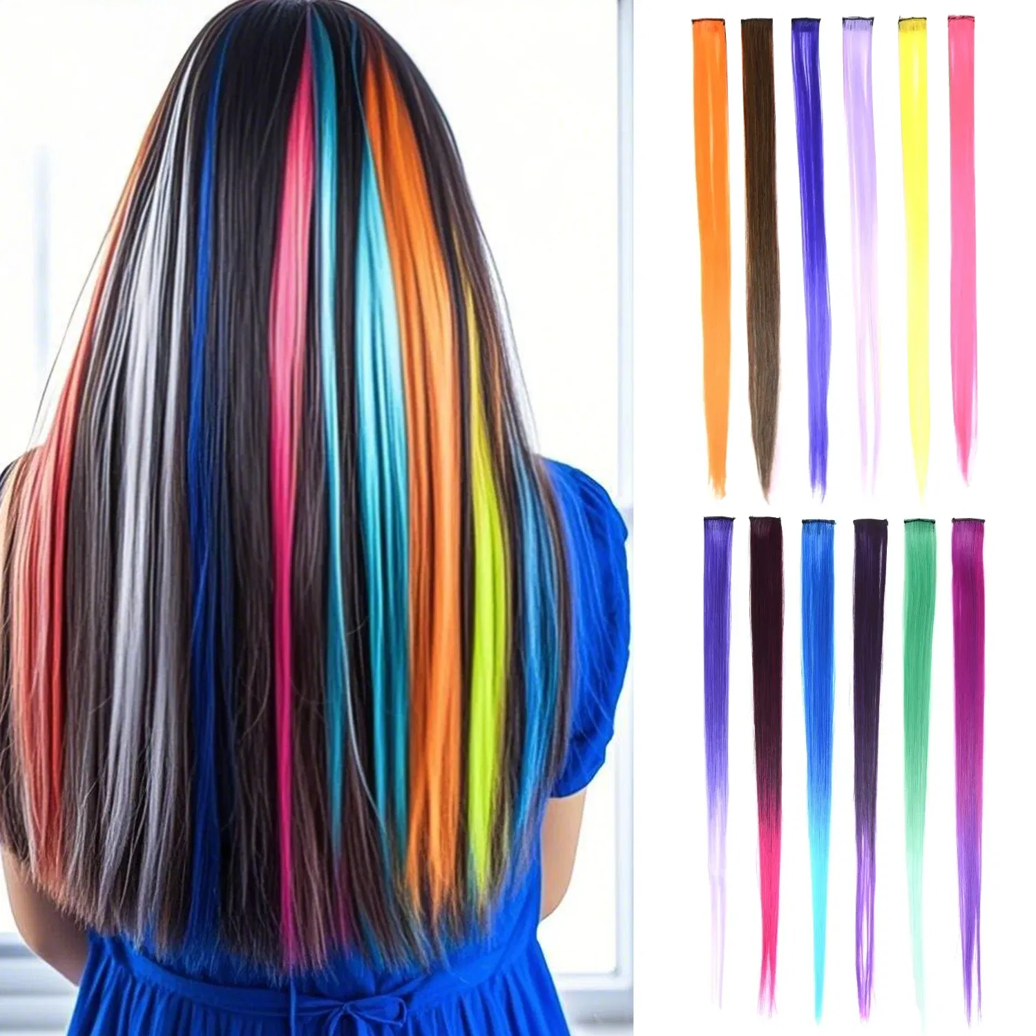 Color: T1B/30, Stretched Length: 22inches - Synthetic Clip-in Hair Extensions 22" Long Colorful Straight Hair Pieces Synthetic Hairpieces for Daily Festival Party