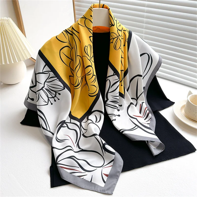 Color: Blue, Size: One Size - 2024 Luxury New Retro Printed Silk Scarf 90cm Twill Silk Scarf Lotus Fashion Large Square Scarves Sunscreen Shawl Headscarf