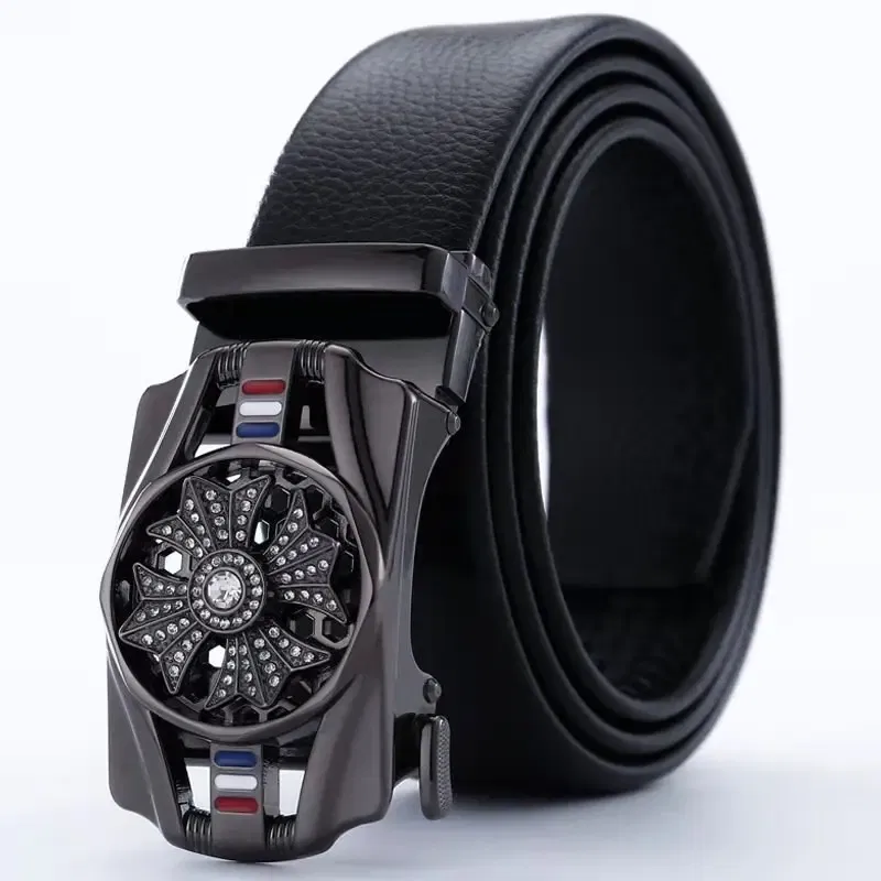 Color: PURPLE, Belt Length: 120cm - Man PU Leather Belt High Quality Men Business Belt Golden Automatic Buckle Waist Buckle Rhinestone Decoration Males Luxury Belt