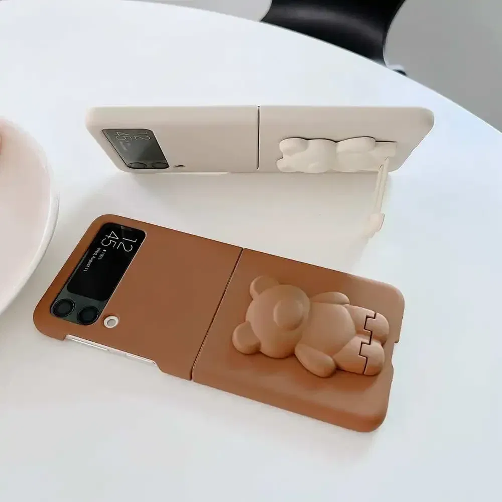 Color: Yellow, Material: Canvas - 3D Bear Bracket Kickstand Cute Case For Samsung Galaxy Z Flip 5 4 3 Hard Phone Case For Samsung Z Flip 3 4 Flip5 ZFlip4 Cover