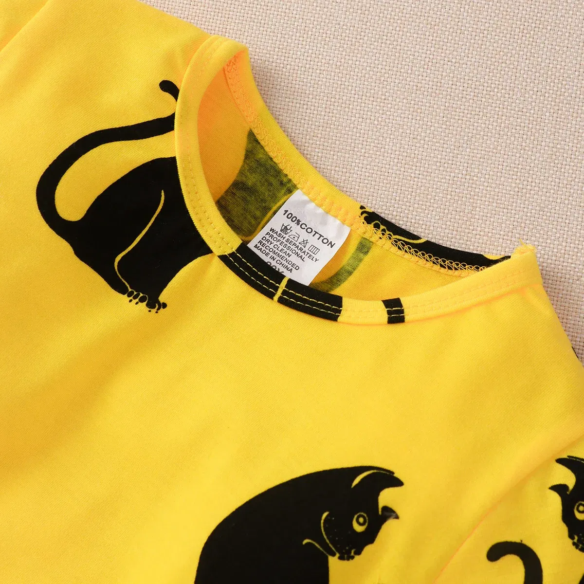 Color: Yellow, Kid Size: 4T - 2024 Children Dress Summer Girl Kids Dress for Very Elegant Party Black Cat Print Splice Belted A-line Skirt Girl Clothing