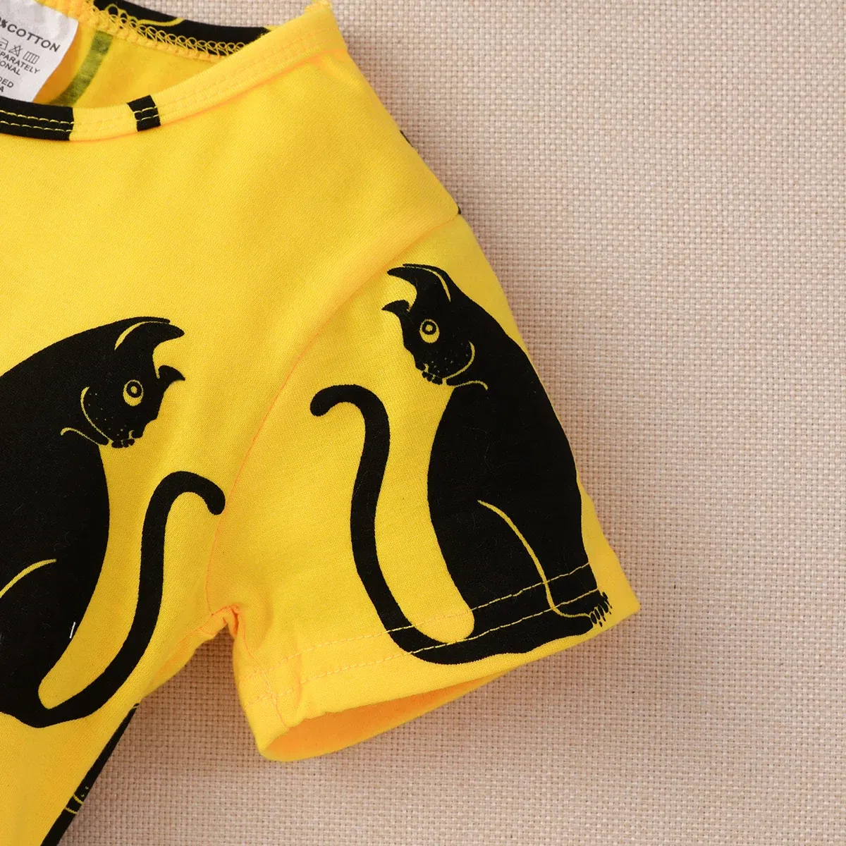 Color: Yellow, Kid Size: 4T - 2024 Children Dress Summer Girl Kids Dress for Very Elegant Party Black Cat Print Splice Belted A-line Skirt Girl Clothing