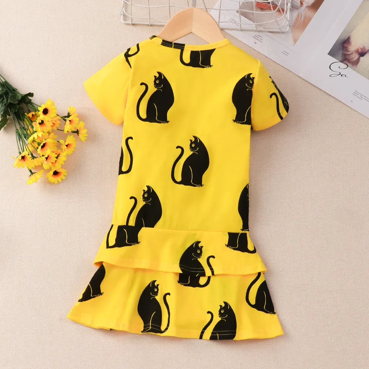 Color: Yellow, Kid Size: 4T - 2024 Children Dress Summer Girl Kids Dress for Very Elegant Party Black Cat Print Splice Belted A-line Skirt Girl Clothing