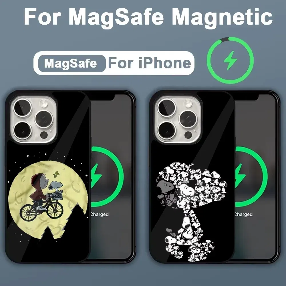 Color: Blue, Material: leather - Anime Cartoon-S-Snoopy-s Phone Case For iPhone 16,15,14,13,12,11,Plus,Pro,Max,Mini Magsafe Magnetic Wireless Charging