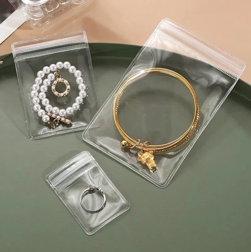 Size: XL, Color: Red - 100/10Pcs PVC Jewelry Package Bags Thicken Self Sealing Pouches Anti-Oxidation Earring Necklace Clear Organizer Bag Reusable