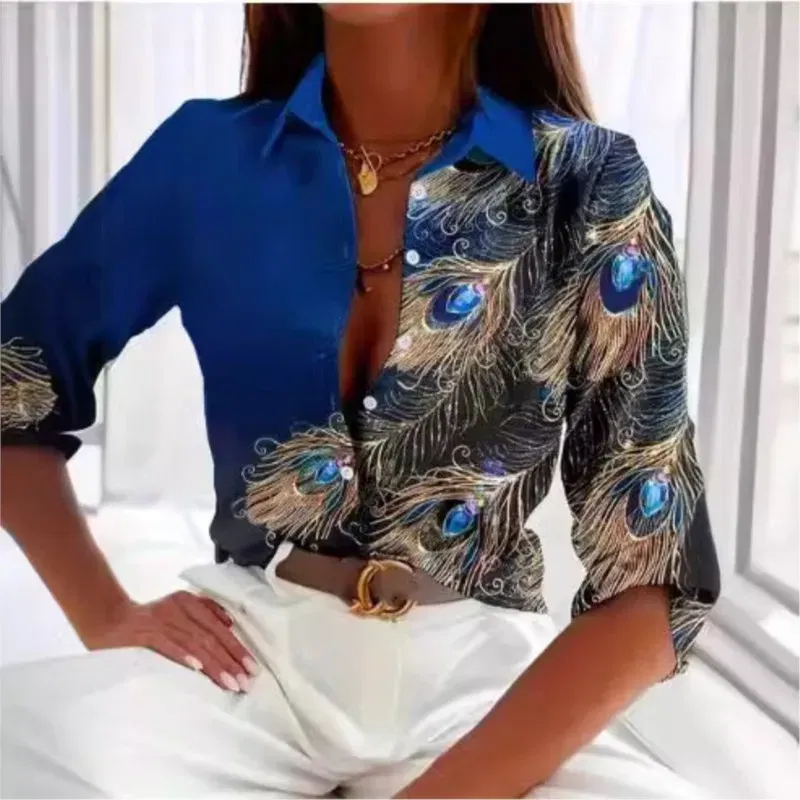Color: Beige, Size: S - Fashionable Ladies Trendy Long Sleeved Shirt With Feather Gemstone Print Buttons Lapel Shirt Sleeves Autumn Elegant Ladies Shirt