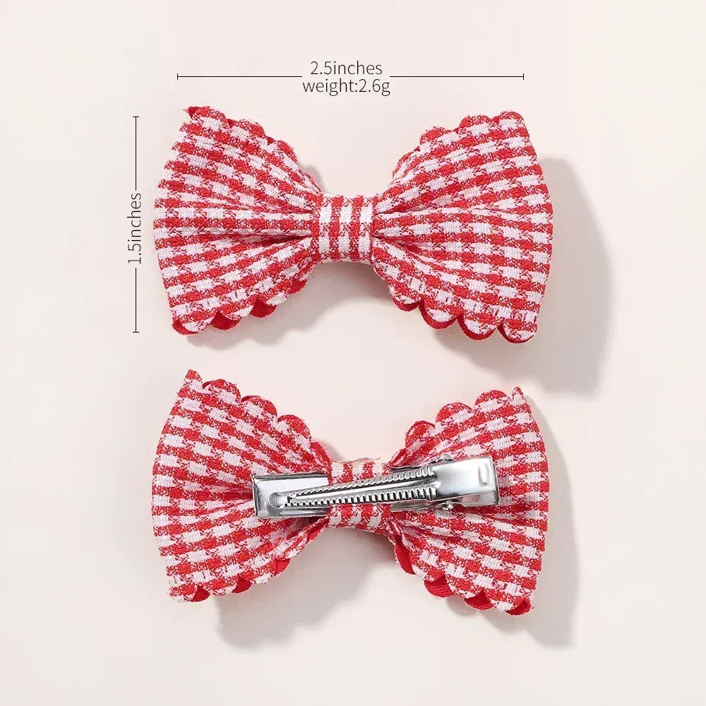 Color: Red - 2Pcs/Set Solid Color Kids Bows Hair Clips for Baby Girls Handmade Plaid Bowknot Hairpin Barrettes Photograph Hair Accessories